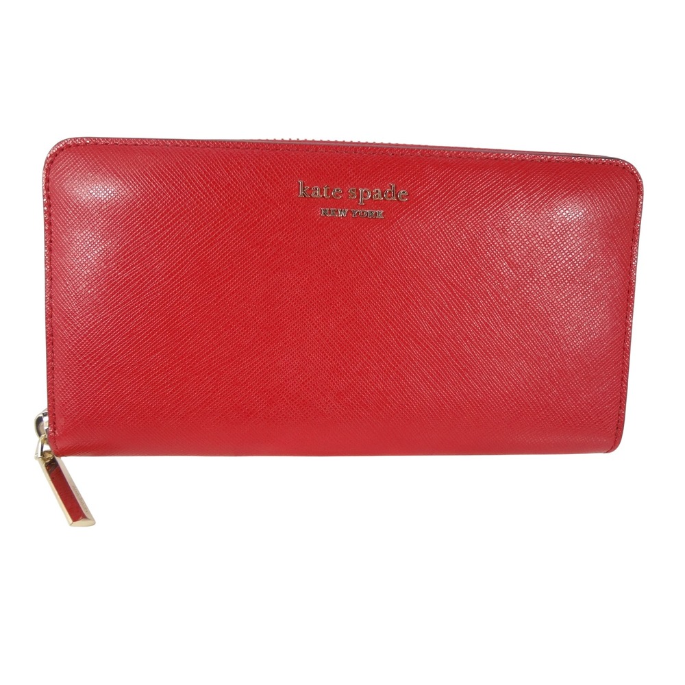 Kate Spade Staci Zip Around Wallet Red Excellent Saffiano Leather Logo